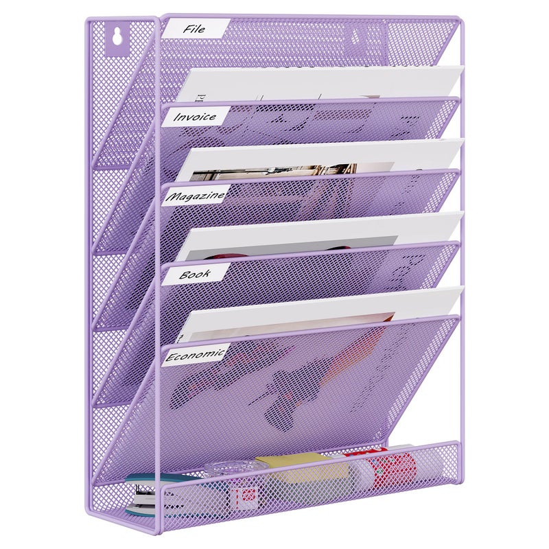 EasyPAG 5 Tier Wall File Holder, Mesh Hanging Folder Organizer with Classify Label, Versatile Desk File Holder, Vertical Wall Mounted Mail Organizer for Office Home Cubicle, Purple - Image 1